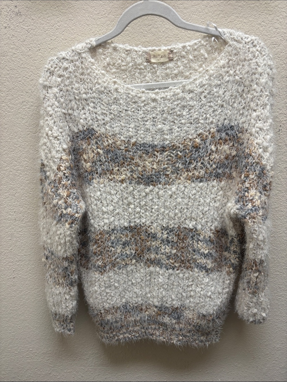 Altar'd State Cream Fuzzy Crewneck Sweater with Gray & Tan Stripes